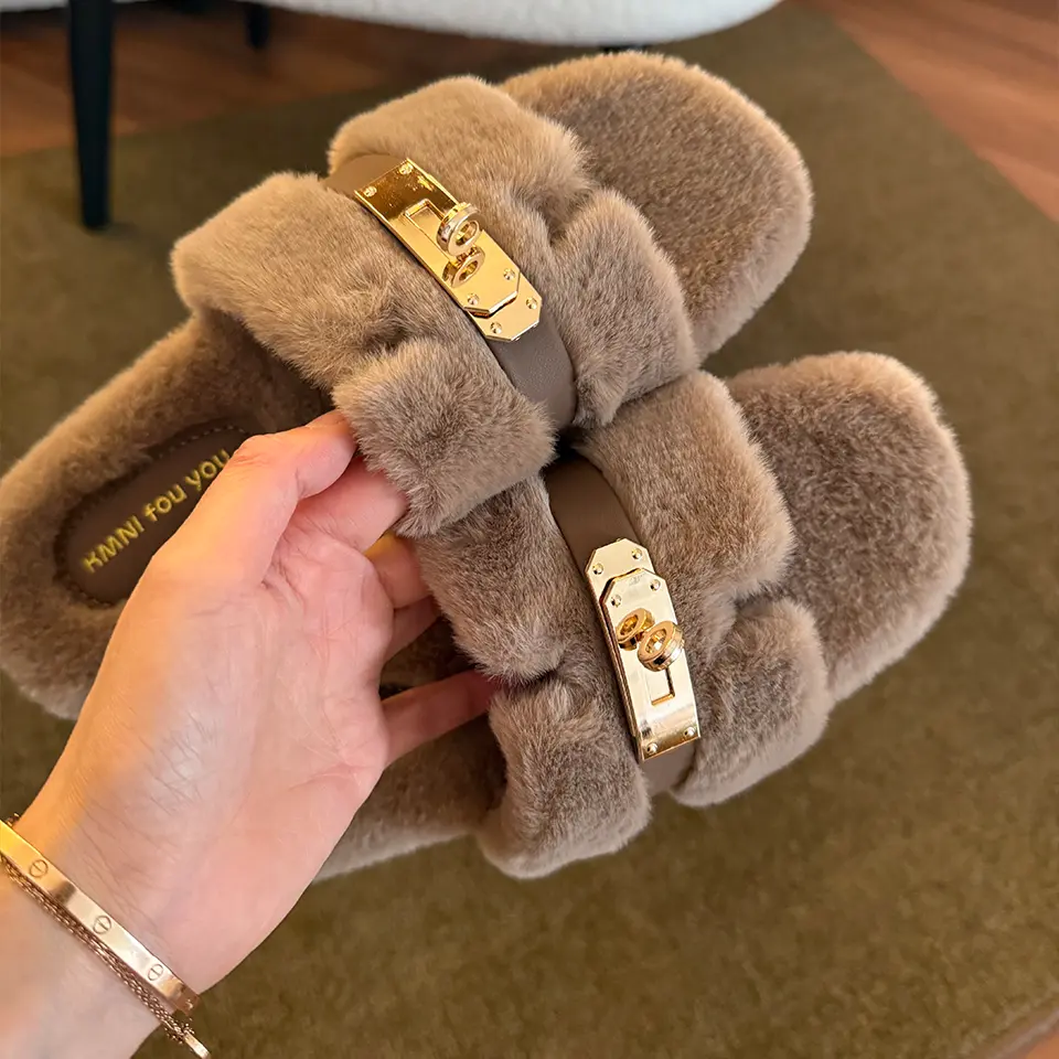 Women's Fuzzy Fashion Footwear - Warm Home Shoes, Home Slippers, Slide Slippers with Metal Buckle