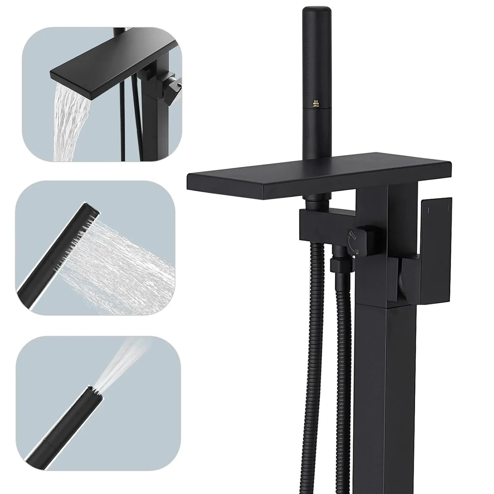 Matte Black Freestanding Bathtub Faucet, Floor Mount Waterfall Tub Filler with 2-Setting Handheld Shower Sprayer, Single Handle Modern Square Freestanding Tub Faucet, Solid Brass Freestanding Tub Tap for Bathroom