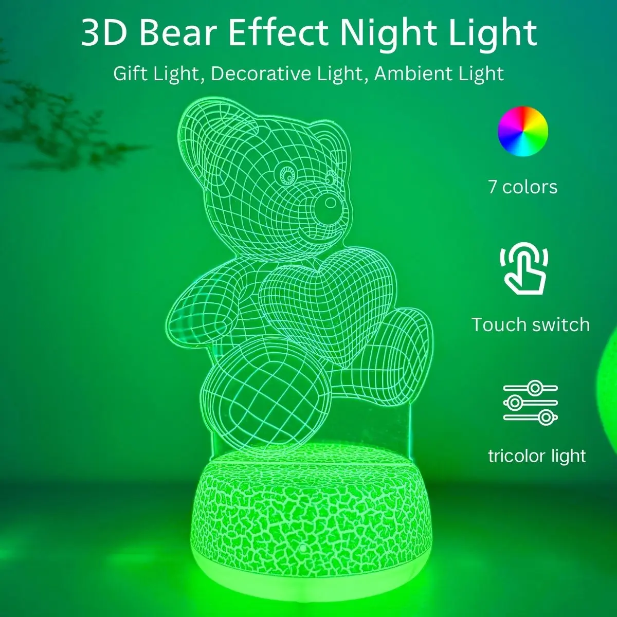 1pc 3D Bear Night Light, USB Powered LED Table Lamp, Touch/button Switch, 7 Color/3 Color Changing, Plastic Material, Home Decor