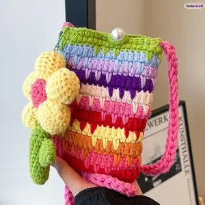 Handmade Wool Crochet Phone Bag - Colorful Rainbow Messenger Shoulder Bag for Girls, Trendy Fashion Travel Accessory