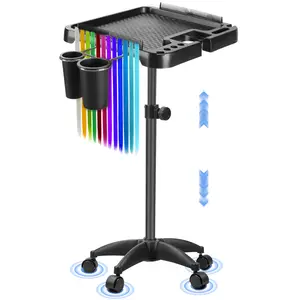 Salon Tray on Wheels, Metal Aluminum Rolling Cart Height Adjustable for Hair Stylist, Storage Tray Trolley for Beauty Salon Clinic Spa,Black-with Cup Holder