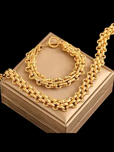 2Pcs Stainless Steel Cuban Chain Statement Necklace Bracelet Set For Women New Punk Style 18K Gold Plated Waterproof Jewelry Sets