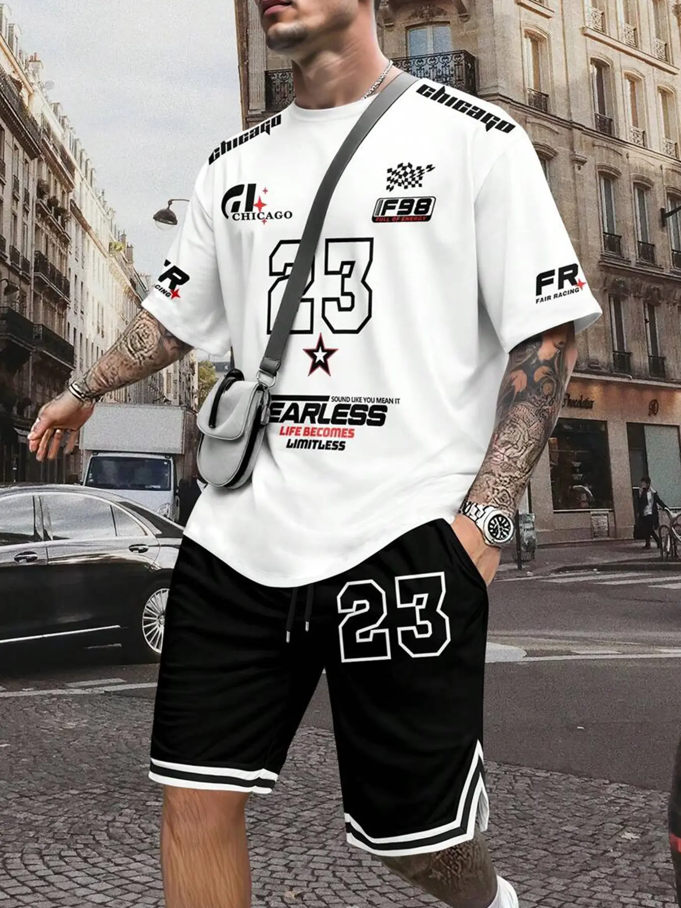 Y2K Racing Core Men's Two-Piece Set - Vintage Nascar Style Casual Oversized T-Shirt & Breathable Mesh Shorts - Cyberpunk Graphic Tracksuit for Music Festivals, Urban Streetwear, Outfit & OOTD, Menswear