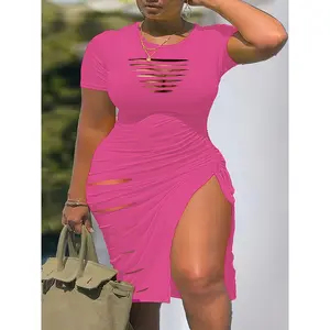 Plus Size Seductive Dress - Flattering Cut Out, Short Sleeves, Chic Round Neck, Slinky Side Split, Ruched Figure-Enhancing Design for Confident Women