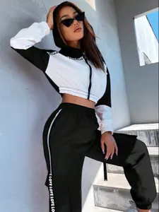 New Casual Sportswear Set, Women's Street Style, Athleisure Wear Set, Letter Embroidered Colorblock Top & Long Pants Suit, Trendy Clothing Collection