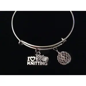 I Love Knitting Silver Charm Bracelet Expandable Adjustable Wire Bangle Trendy Knitted Ball of Yarn Amber Stacking Gift