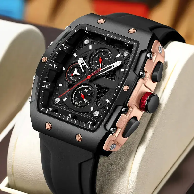 MaxBling81 Men's Rectangular Sports Watch, Fashionable Waterproof Quartz Chronograph with Date, Gun Metal Case and Silicone Band, Fashionable Waterproof Watch, Quartz Waterproof Watch