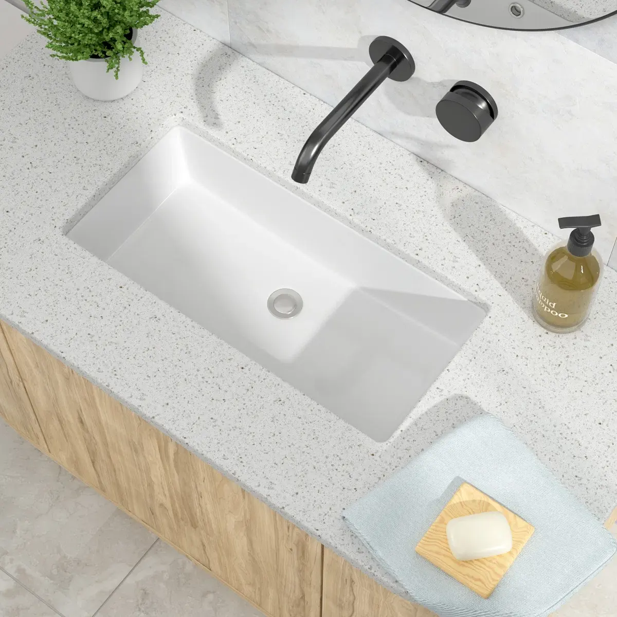 Kichae 28"x14" Rectangular Undermount White Ceramic Bathroom Sink, Large Under-Counter Lavatory Sink with Overflow Hole for Master Bathroom, Modern Farmhouse Renovation