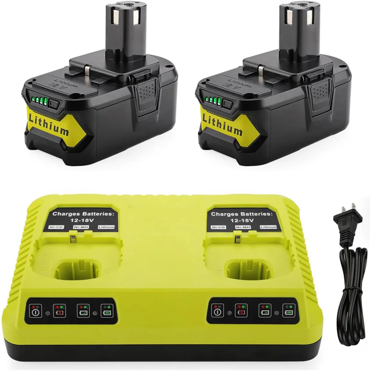 Battery and Charger Combo, 2-Pack 18V 8.0Ah Cordless Lithium Power Tool Batteries with 2-Port P117 Fast Charger for Ryobi 1+ P108,P107,P105,P103,P102, Cordless Lithium Battery