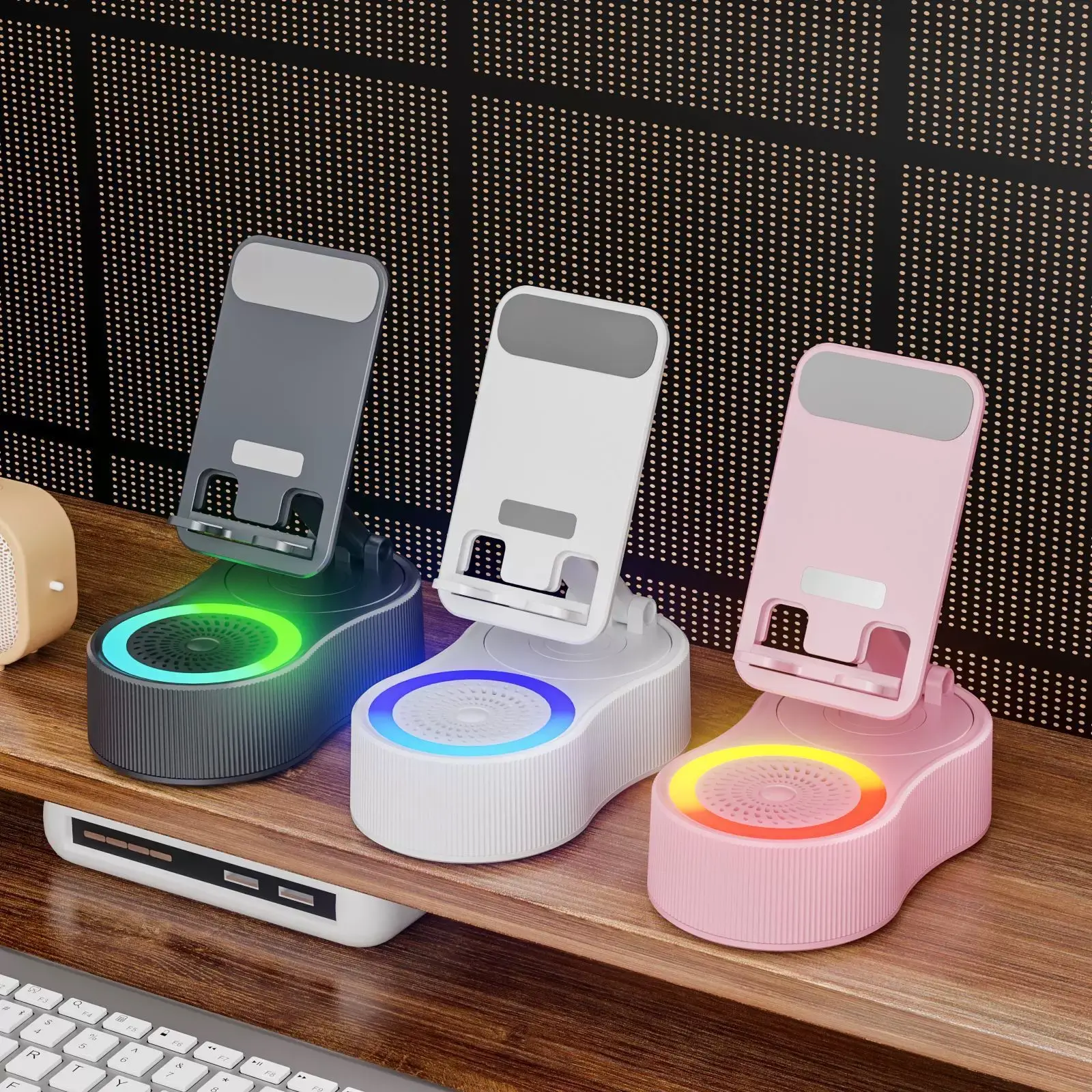 White (Bluetooth) 5-in-1 Multifunctional Speaker - Rechargeable Wireless Induction Bluetooth Speaker, Foldable Smartphone/Device Holder, Power Bank, Ambient Light, Plastic-Metal Composite Tabletop Office Accessory, Mother's Day Gift