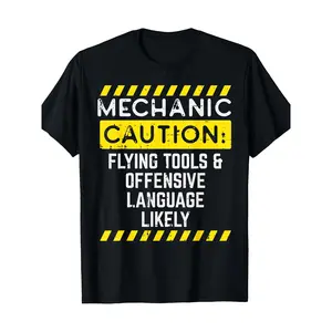Women's 220g Cotton Short-Sleeve Graphic T-Shirt - Mechanic Caution Flying Tools Design, Funny Car Auto Garage Crew Neck, Custom USA-Made Slogan Tee, Streetwear Work T-Shirt, T-Shirts, Custom Shirt