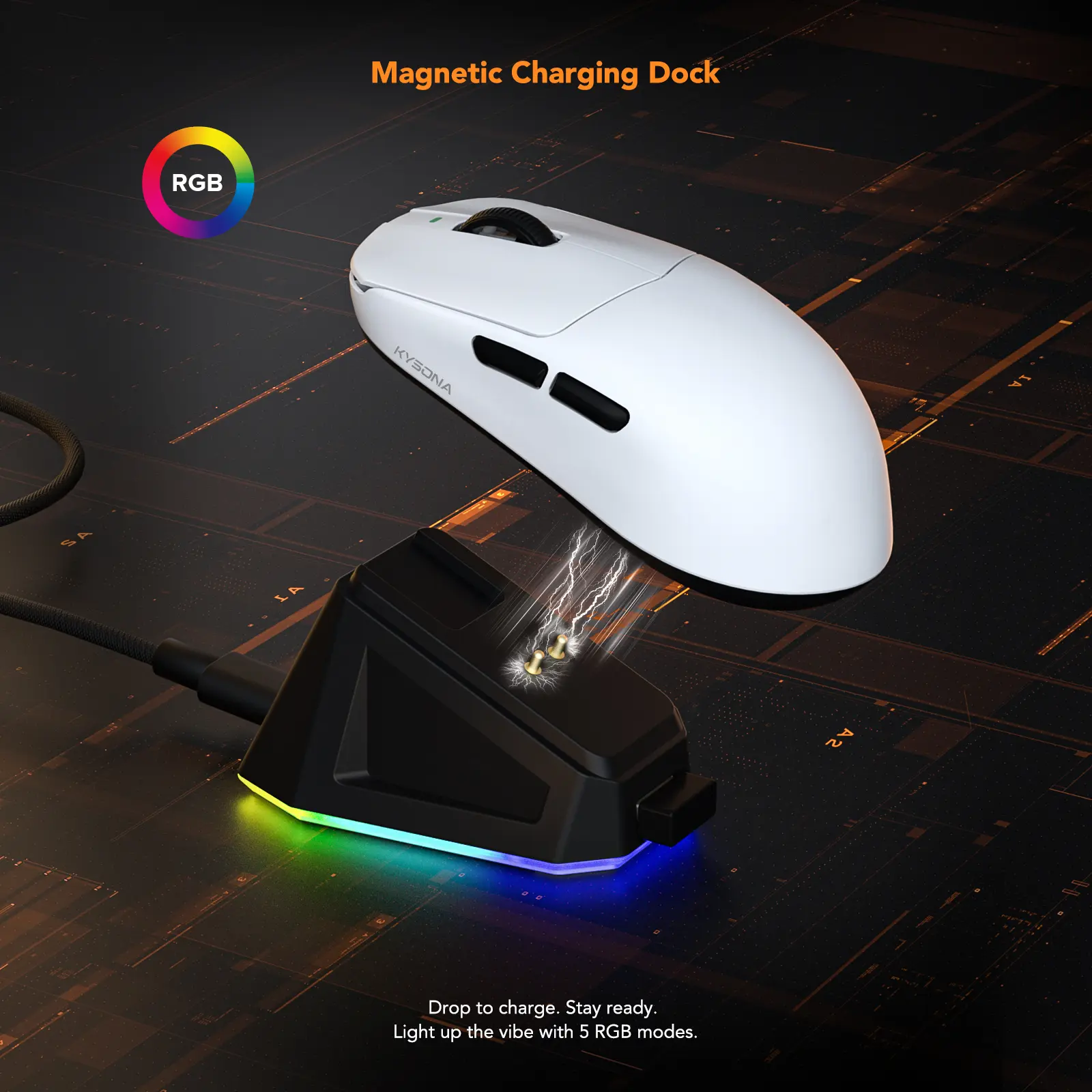 KYSONA Mercury SE Gaming Mouse - 40g Ultra-Lightweight, PAW3311 Sensor, 24000 DPI, Tri-Mode Wired/2.4G/Bluetooth Wireless, Magnetic RGB Docking, Skin-Friendly Ergonomic Design, Color Changing Lights, 2.4G Receiver Included for Gaming & Office Work