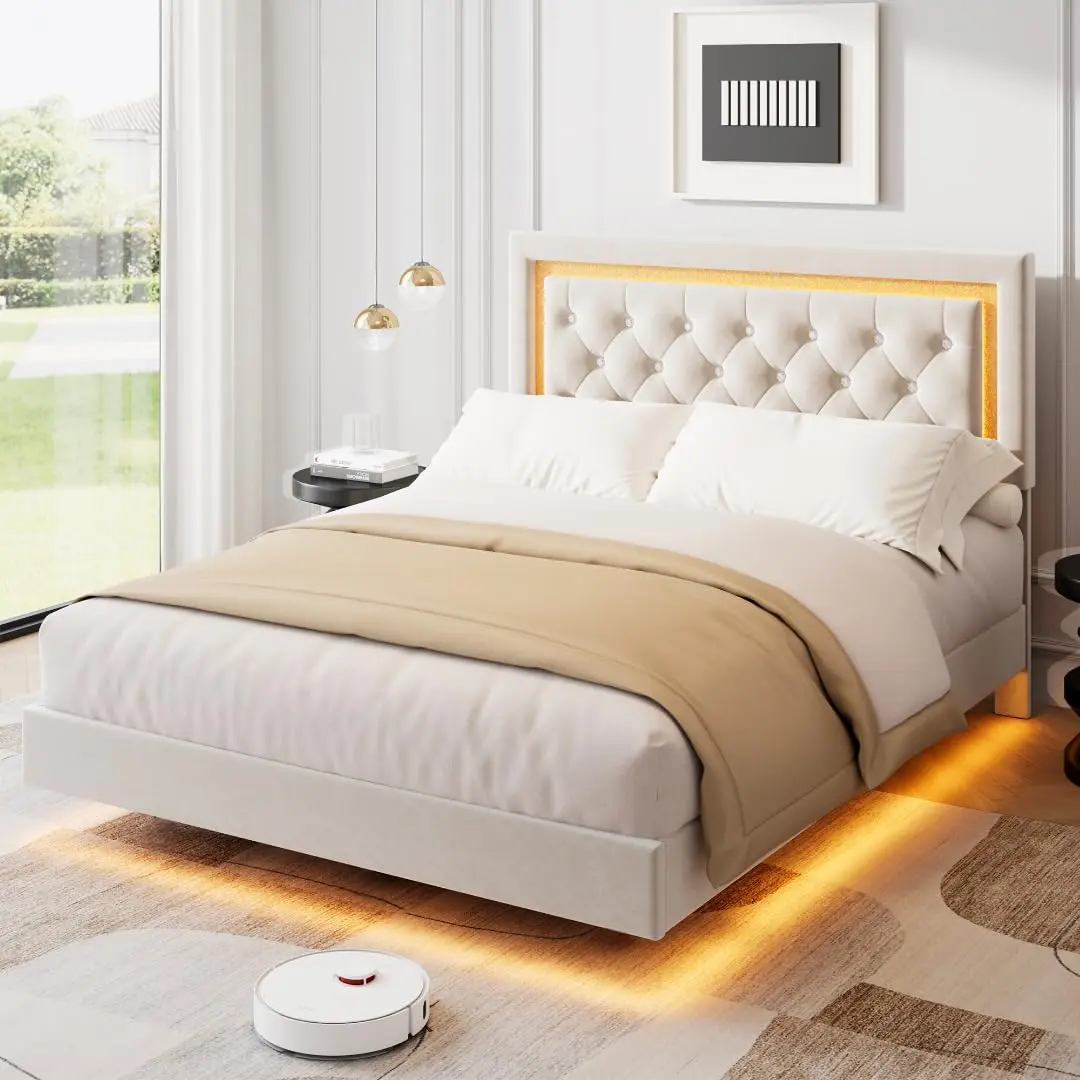 Queen Size Upholstered Platform Bedframe - Sturdy Floating Frame with Smart LED Lights, Diamond Tufting Headboard, Solid Wood Slats, Silent Noise-Free Design, Easy Assembly, White for Modern Bedrooms (Ideal for Couples)