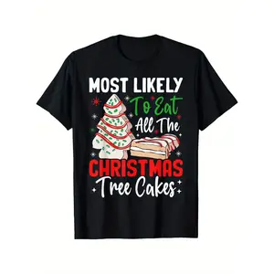 Funny Christmas Cake T-Shirt - "Most Likely to Eat All the Christmas Tree Cakes" Design, Unisex Casual Round Neck Short Sleeve Tee, 100% Cotton, Black with Festive Holiday Print, Sizes S-XXXL, Funny Christmas Shirts, double  Vintage Metalcore Graphic