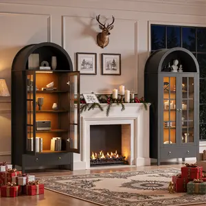 CAODOC Arched Cabinet with Glass Doors Wood Display Cabinet with Drawer and Adjustable Shelves 67 Tall Bookshelf Modern China Storage Kitchen Pantry for Living Room Office