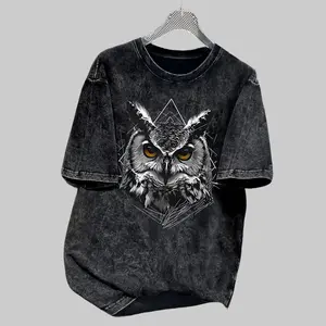 Geometric Owl, Patterned Printed  Short-sleeved Top, Casual Old Round Neck Washed Cotton T-shirt, Suitable for Holidays, Going Out, Leisure, Sports, Gifts and Other Scenes