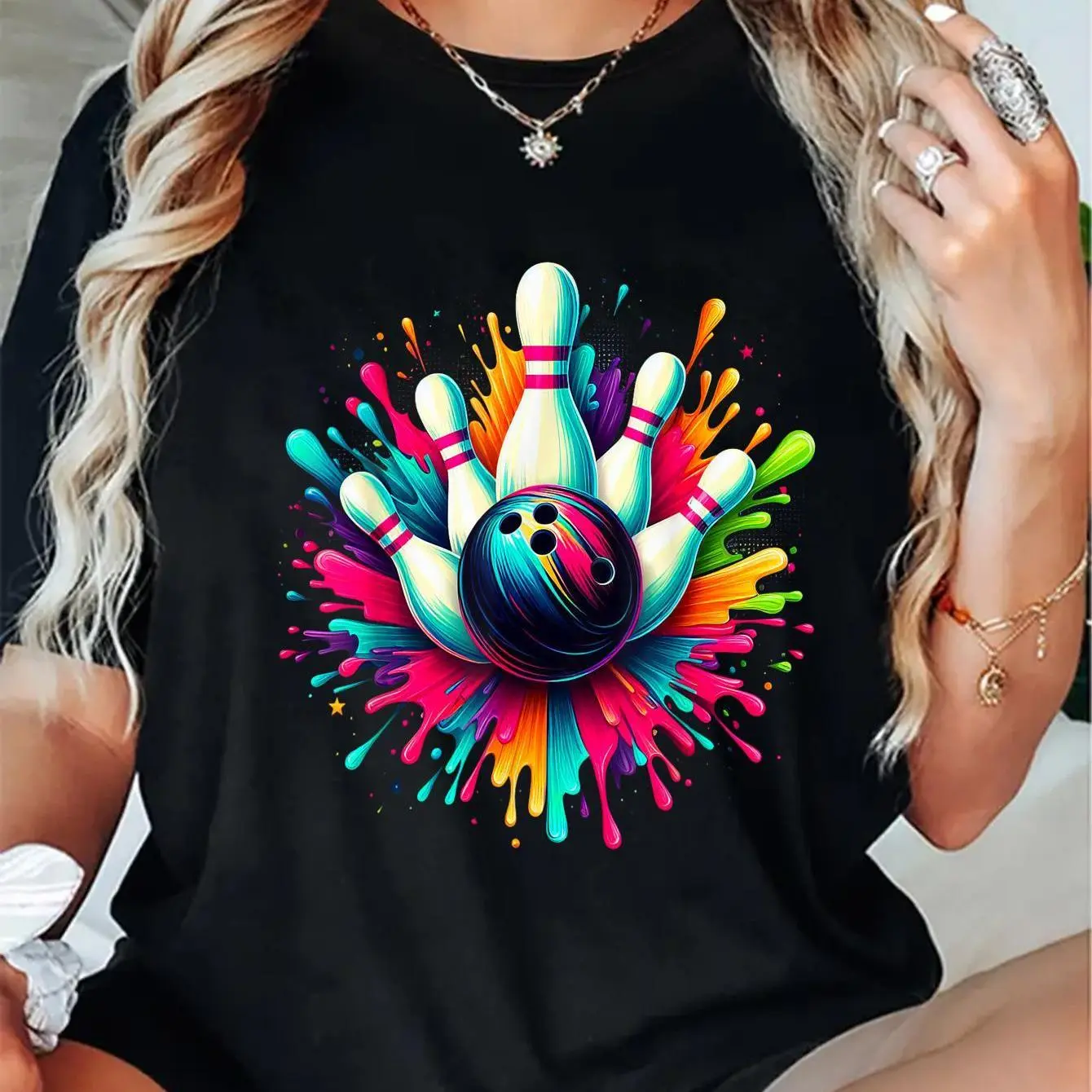 Lady's Bowling Graphic T-Shirt, 100% Cotton Shortsleeve Round Neck Streetwear Top for Everyday Wear, Tshirt, Casual, Colorful Style