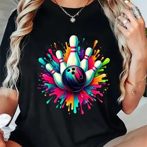 100% Cotton Women's Colorful Bowling Graphic T-Shirt – Vibrant Top, Black Tee with Eye-Catching Bowling Ball & Pins Design, Perfect for Game Day or Attire