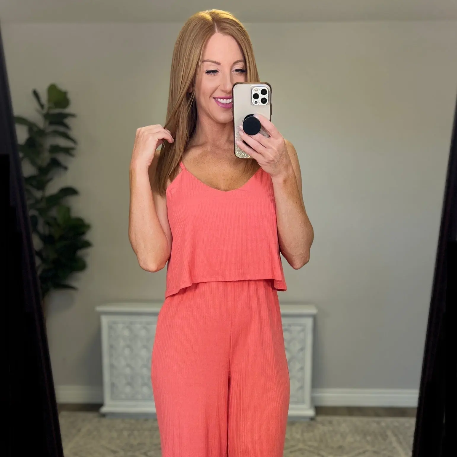 Ribbed Double Layer Jumpsuit in Deep Coral