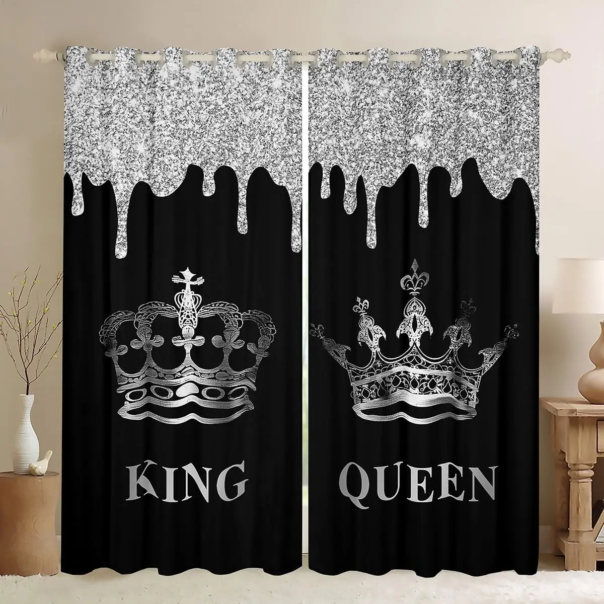 Silver Crown & Window Curtains Mr & Mrs Blackout Curtains Glitter Print Darkening Drapes for Bedroom AdultsAnniversary Living Room Window Treatments (2 Panels)
