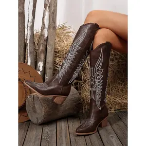 Women's Pointed Toe Chunky Heel Long Boots, Vintage British Style High Top Embroidered Knight Chelsea Boots, Western Cowboy Boots(Sheets)