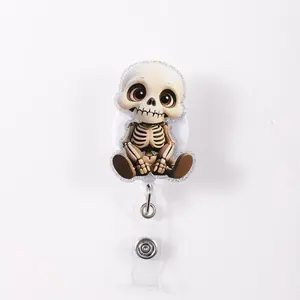 Cute Skull Design Badge Holder, 1 Count Retractable Badge Reel, ID Card Holder for Students, Office Workers, Nurses & Teachers