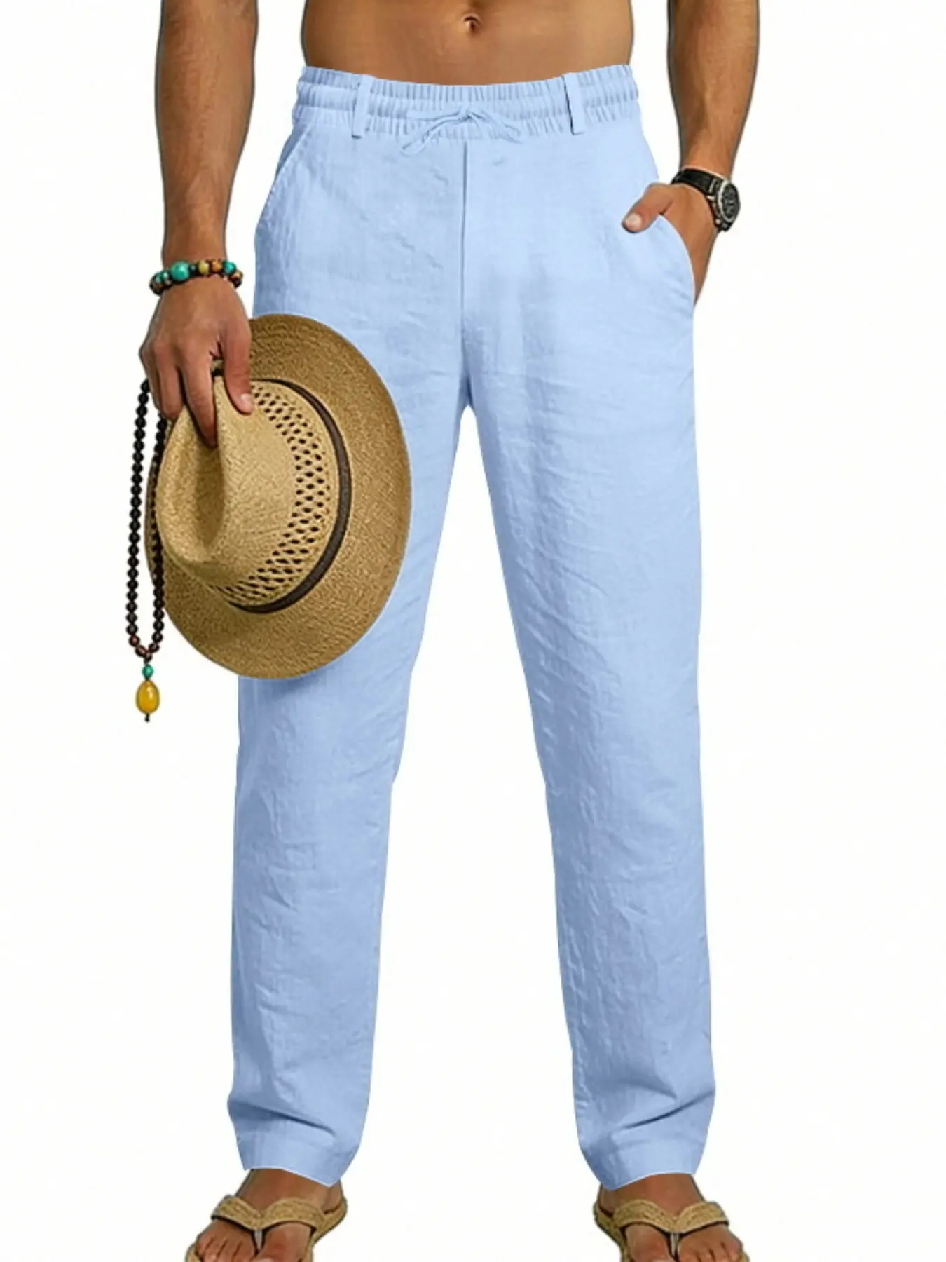 Men's All-Seasons Outfits Solid Color Linen Casual Comfy Trouser Pants, Elastic Waist Drawstring Long Pants, Lightweight Loose Fit, Perfect for Summer Beach and Vacation, Casual Fit Drawstrings, Casual Relaxed Fit, Menswear.