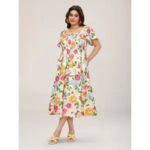 BLOOMCHIC Floral Shirred Square Neck Pocket Midi Dress for Women Bohemian Style Short Ruffle Sleeve Summer Casual Vacations Comfortable Fit Stylish Design Black(Sheet)