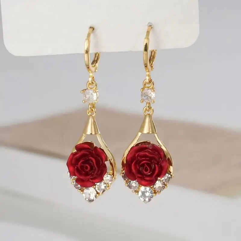 Rose Drop Earrings 14K Gold Plated Sparkling Crystal Tassel Design Chic Elegant Fashion Jewelry Water Drop Earrings for Women with Red Rose Accent