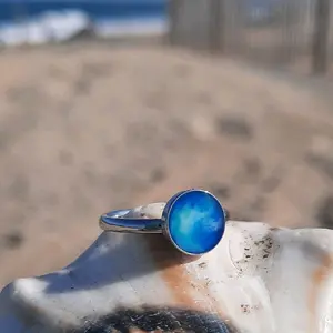 Stainless Steel Sea Spray Ring - Ocean Blue & White Acrylic Wearable Art - Lightweight Unique Design for Any Finger