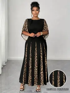 Elegant Leopard Print Maxi Dress, Plus Size Fashionable Long Sleeve Gown, Comfortable & Stylish Women's Clothing, Womenswear