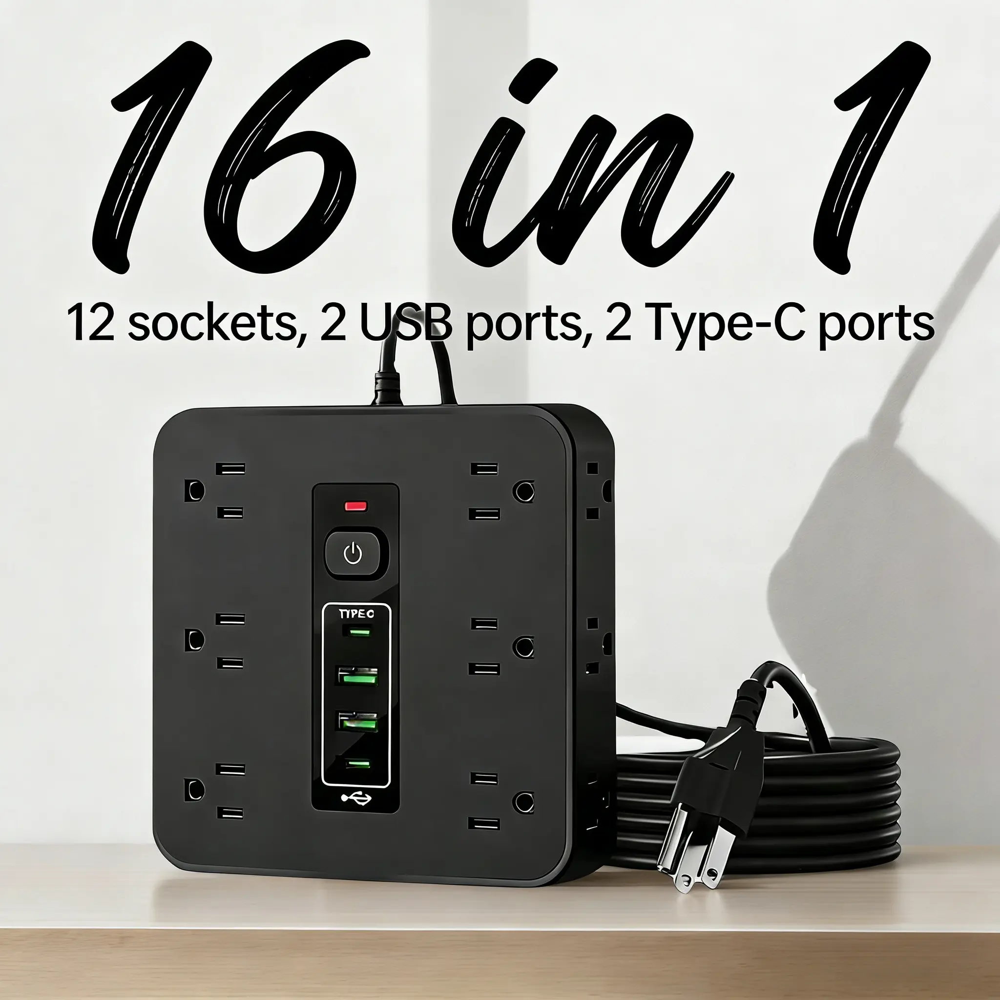 16-In-1 Square Universal Socket Charging Hub Station - 12 AC Outlets, 2 USB Ports, 2 Type-C Ports, Indoor Wall Outlet Extender with Comprehensive Protection, Flexible Installation, Travel-Friendly for Home & Office