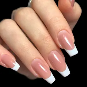 Classic Low French Tips Press-On Nails Set with Adhesive Tape & Nail File Short Square Almond or Coffin Shapes 15 Sizes French Nail Suit for DIY Manicure