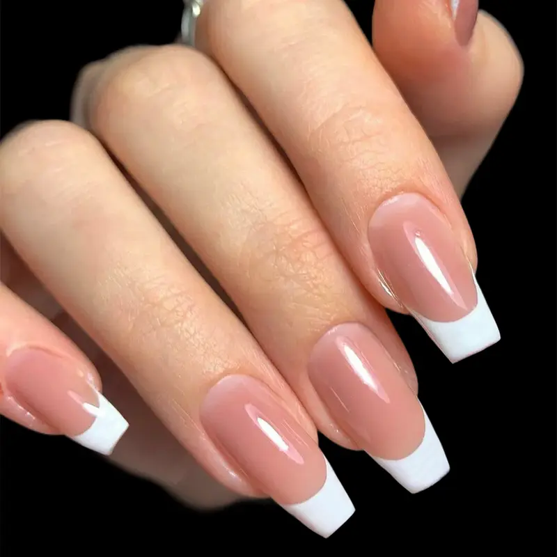 Classic Low French Tips Press-On Nails Set with Adhesive Tape & Nail File Short Square Almond or Coffin Shapes 15 Sizes French Nail Suit for DIY Manicure