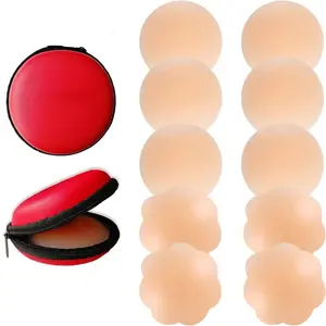 Silicone Nipple Covers 5 Pairs Women's Reusable Adhesive Invisible Pasties Nippleless Covers Round & Flower-shaped with Red Storage Case Bras Womenswear