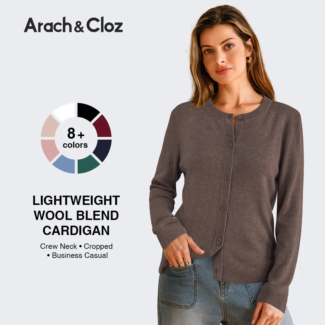 Arach&Cloz Women's 2026 Spring Lightweight Cropped Cardigan Long Sleeve Crew Neck Bolero Shrug Casual Top