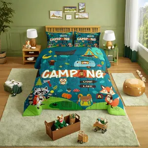 Happy Camping Comforter Set,Camper Bedding Comforter Sets,Adult Bedroom Decor Cartoon Rv Camping Fox Cute Animal Down Comforter for Travel Trailers