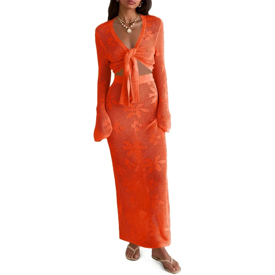 Saodimallsu Beach Cover Up for Women, Boho Crochet 2 Piece Set with a V-Neck Long Sleeve Wrap Crop Top and Maxi Skirt, Beach Cover Ups, Swimsuit Cover Ups