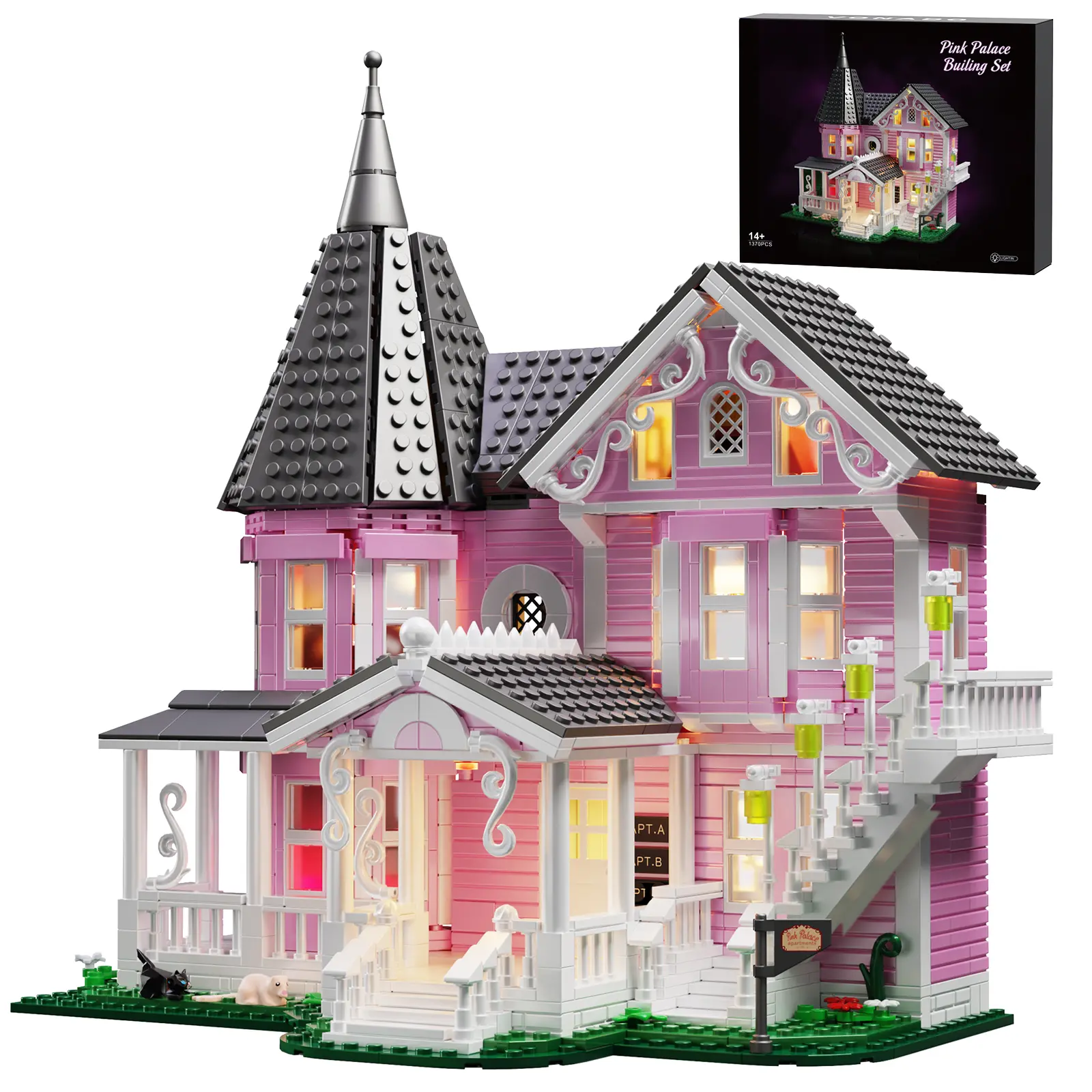 1349PCS Pink Palace Haunted House Brick Model Building Kit - Colorful Light-Up Large Multi-Piece Set, Halloween Gift for Kids, Light Up Your Space Building Toy, Brick Model Building Kits, Colorful Light-Up Model Building Kits