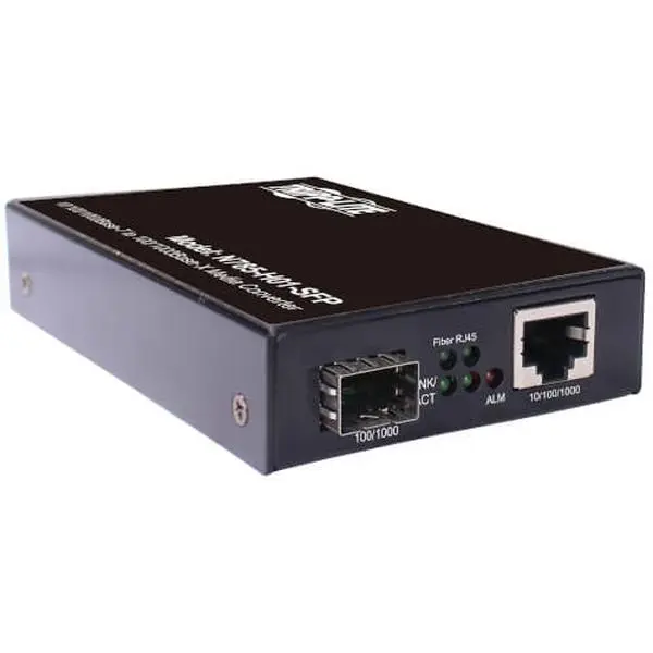 Tripp Lite N785-H01-SFP Hardened Gigabit AC Powered Copper to Fiber Media Converter with AC Adapter, DC Barrel Plug, Automatic MDI/MDI-X Configuration, TAA Compliance, Customizable Design, RJ45-SFP 10-100-1000Mbps, Metal Housing Fiber Extender, Compliant