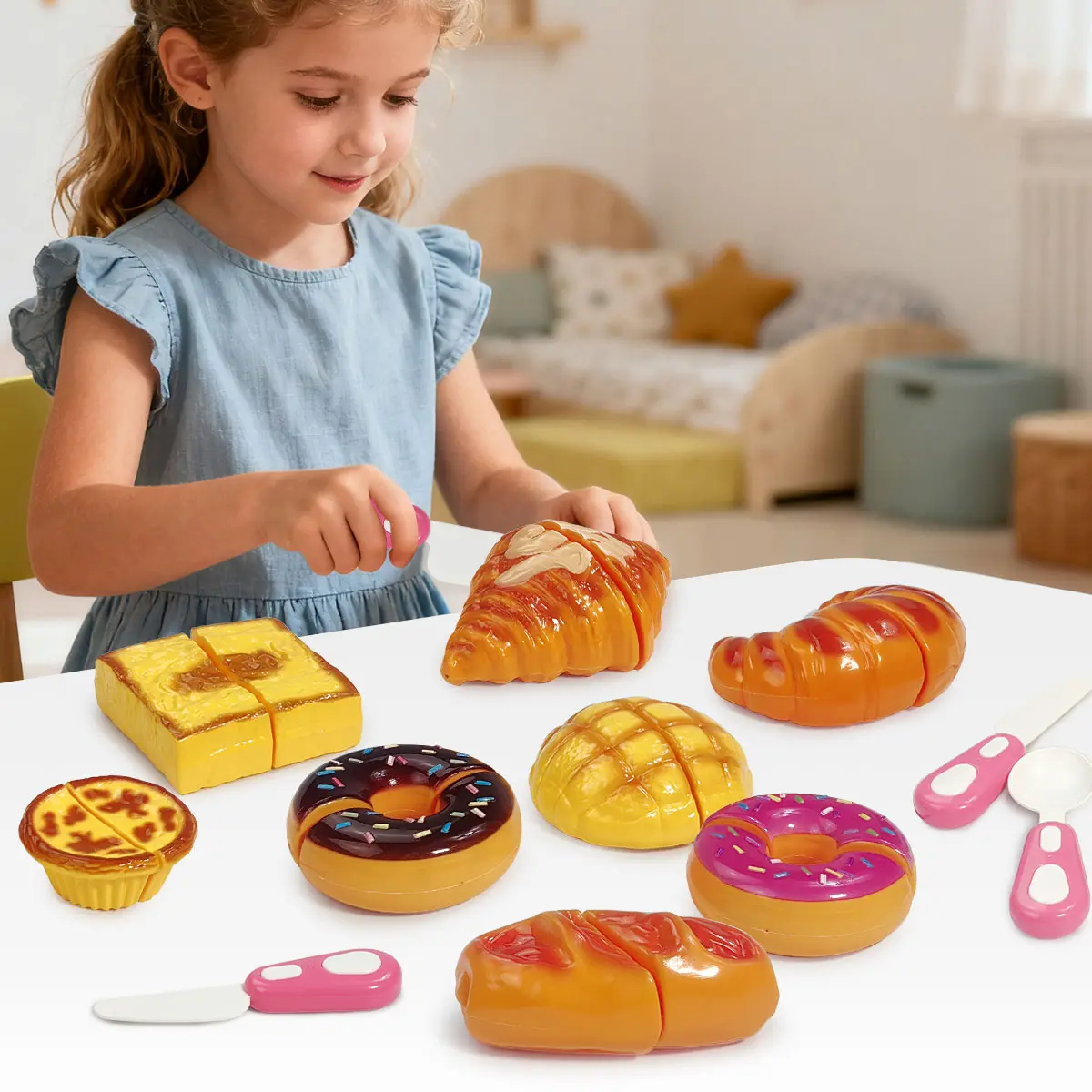 Kids Play Kitchen 12-Pc Tea Party Set with Cuttable Cakes Desserts, Pretend Baking Educational Item for Fine Motor Skills, Toddler Gift for Ages 3+ (Birthday, Christmas)