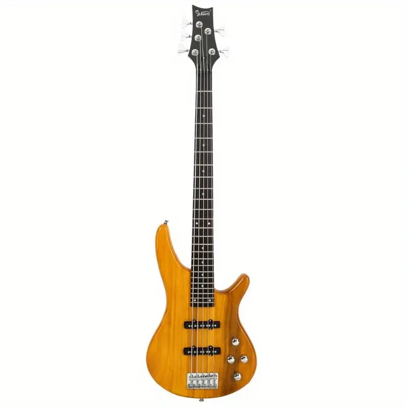 Glarry Full-Size 5-String Electric Bass Guitar - Transparent Yellow, White, Black or Natural Wood Finish, Durable Build, Classic Stylish Design, Professional Gear W/ Bag, Strap, Pick, Connector Wrench Tool, Rosewood, Guitar Strap, Basswood, Right Hand, 5,