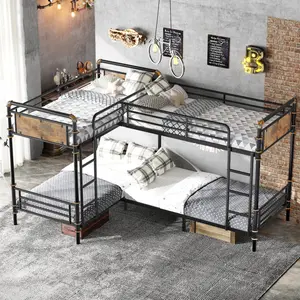 Quad Bunk Bed Frame, Metal Bunk Beds 4 Bed, Heavy Duty Industrial L-Shaped Bunk Bed with Ladders, Detachable Corner Quad Bunk Bed for Teens, Space Saving Design, Can Be Divided Into 3 Twin Beds, Black