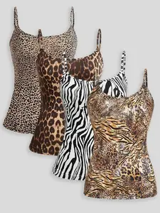 Women's Leopard/Zebra Stripe Print Spaghetti Strap Cami Top, Casual Comfy Cami, Casual Chic Fashion Sleeveless Top for Summer, Ladies Clothes for Daily Wear