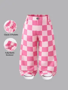 Baby Girl Plaid Pattern Loose Fit Pants, Elastic Waist, Spring Summer Fall, Casual Style, Imitation Denim Material