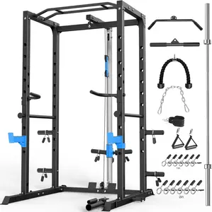 Power Cage, Multi-Functional Power Rack with J-Hooks, Dip Handles, Landmine Attachment and Optional Cable Pulley System for Home Gym