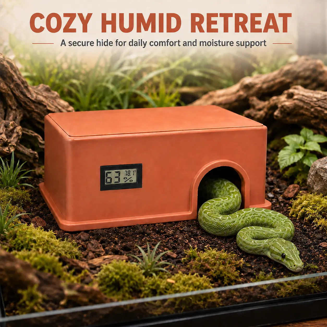 Reptile Hide Snake Hide,with a Humidification Groove Equipped with a Temperature and Humidity Sensor,Humid Hideout for Snakes,Juvenile Ball Pythons, Lizards,Leopard Geckos and Other Small Reptiles.