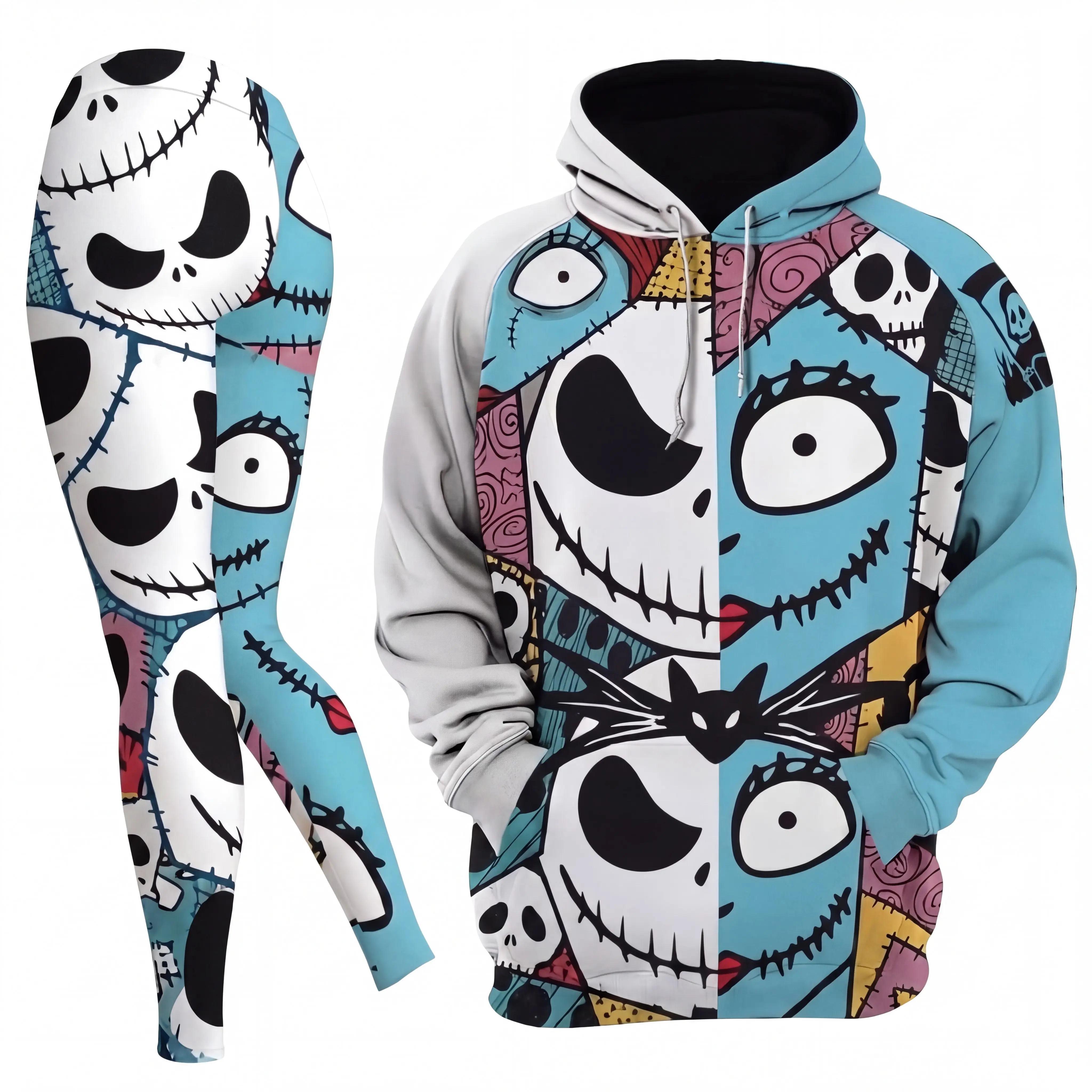 Halloween Patchwork Hoodie And Leggings Set, Nightmare Before Christmas Halloween Tracksuit, Aesthetic Spooky Season Character Graphic Outfit