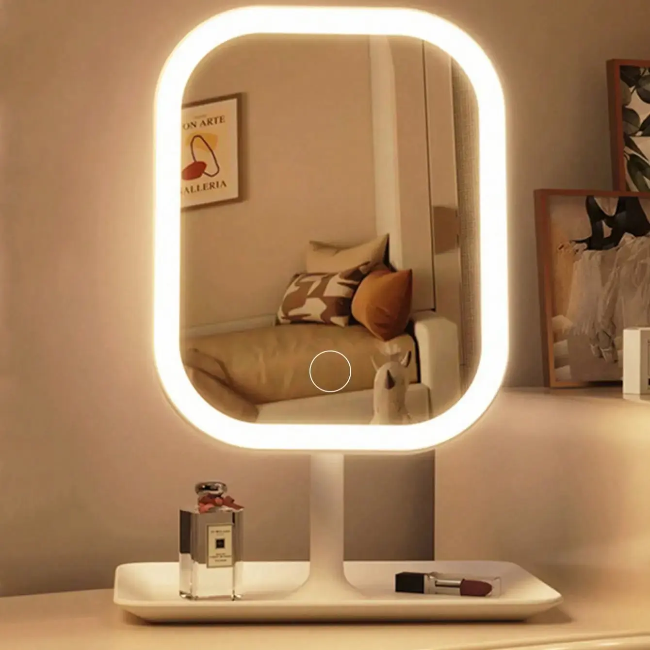 LED Lighted Tabletop Mirror - USB Rechargeable, Foldable, 3-Color Lighting, Touch Control, Portable Travel & Home Decor Mirror