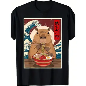 GGOR Capybara Ramen Japanese Anime Graphic T-Shirt - Kawaii Unisex Tee with Cute Capybara Eating Ramen & Japanese Text